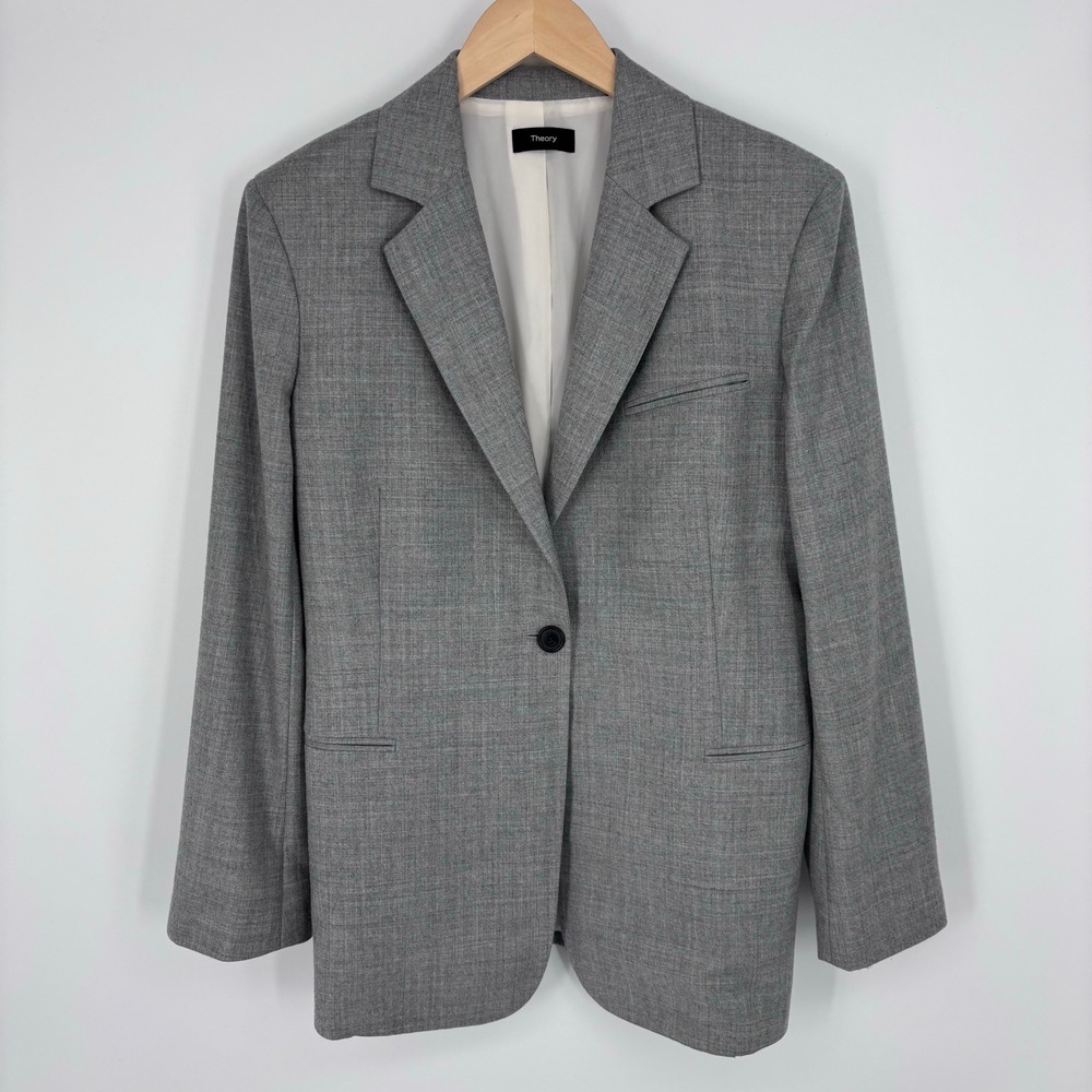 Theory Slim Button Jacket Sleek Flannel Grey Wool Blazer Womens 12 Career Office